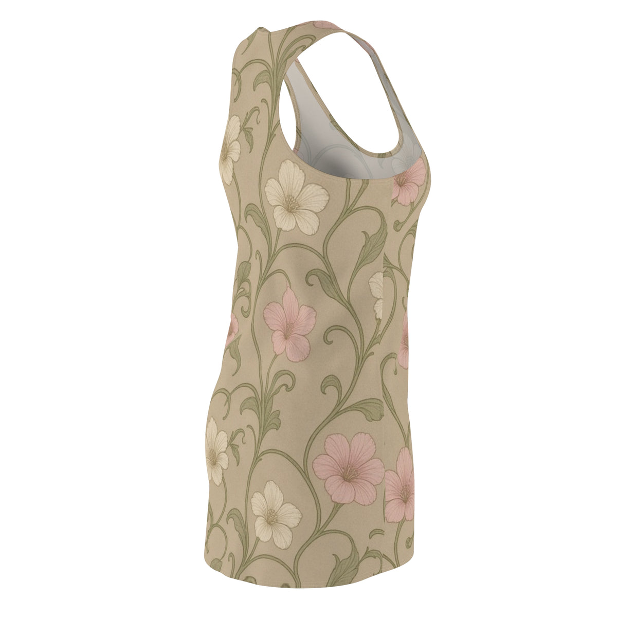 Vintage Floral Vine Racerback Dress | Beige Pink Flower Pattern