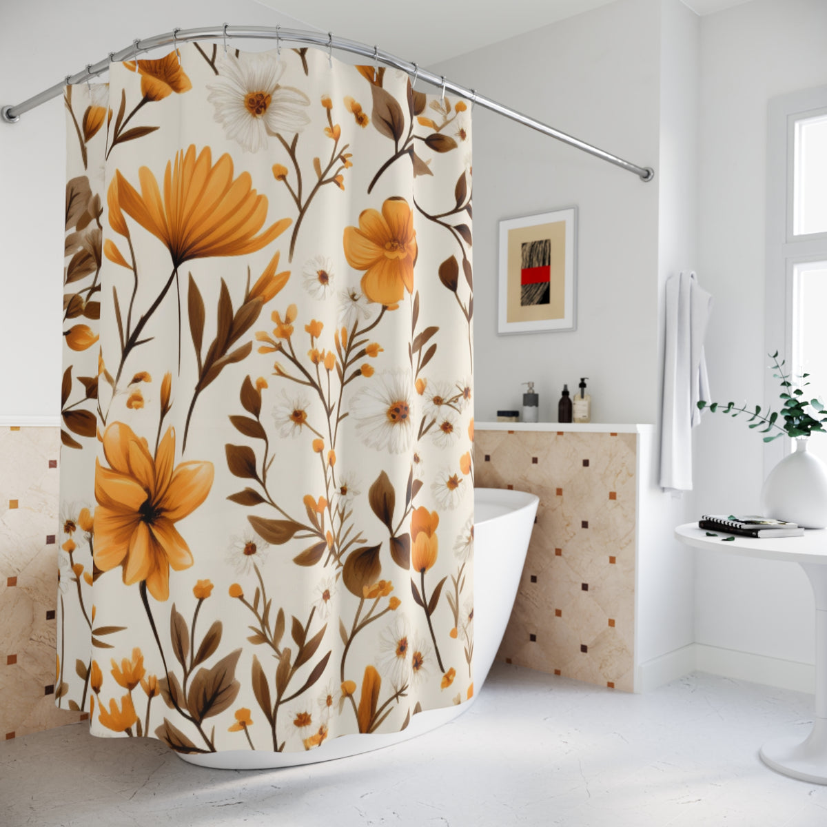 Orange Floral Pattern Shower Curtain | Botanical Bloom Bathroom