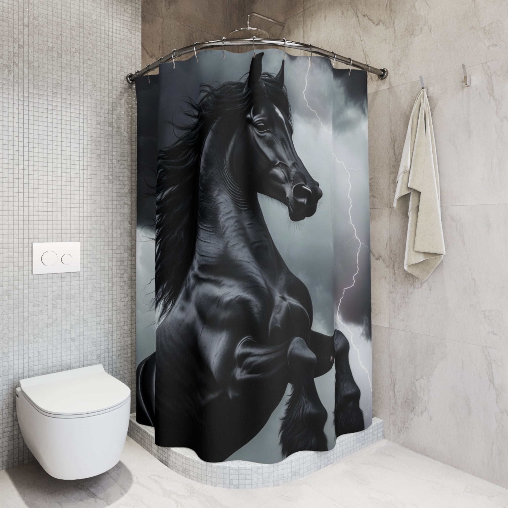 Rearing Black Horse Shower Curtain | Storm Lightning Bathroom Decor