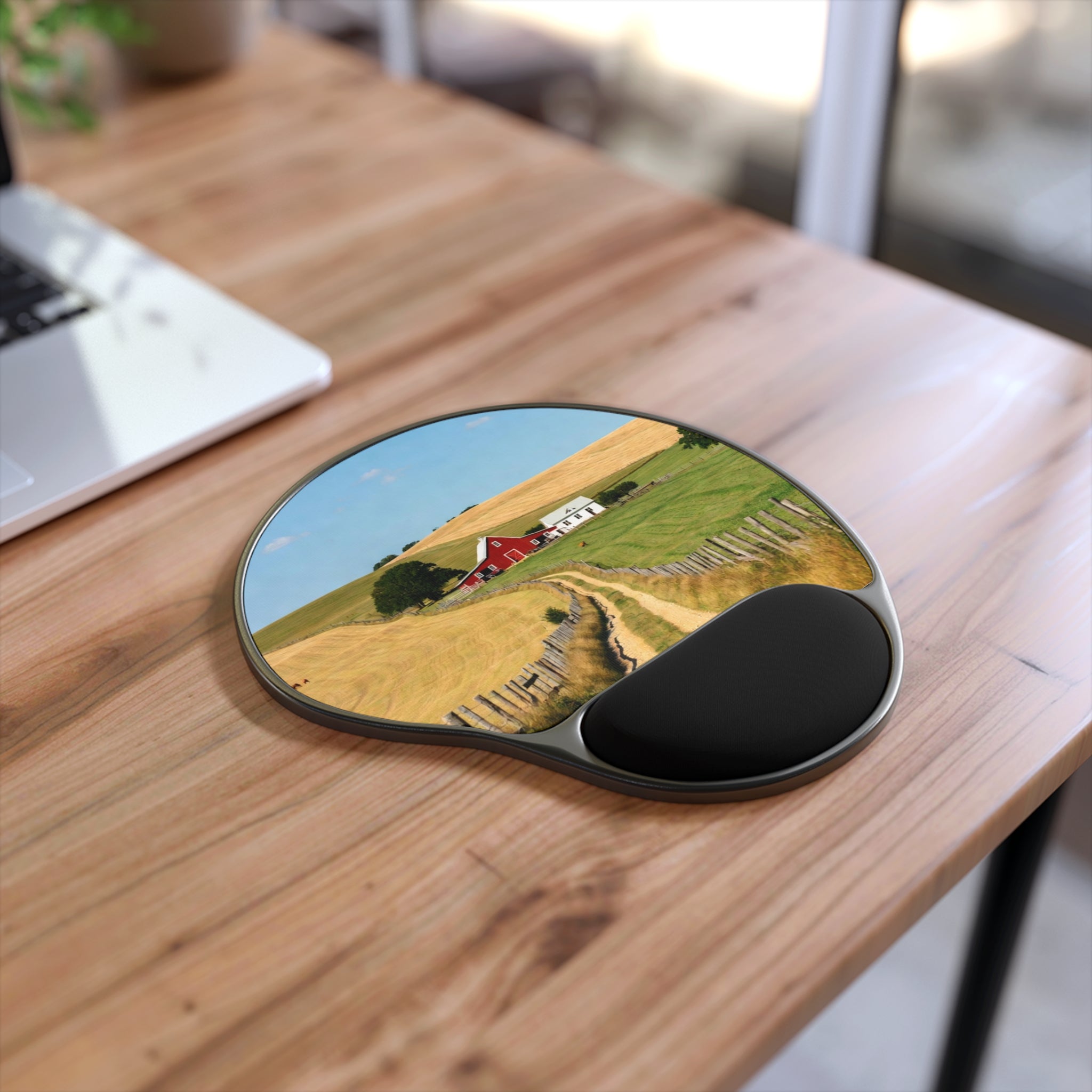 Country Farm Landscape Mouse Pad with Wrist Rest | Red Barn Field Scene