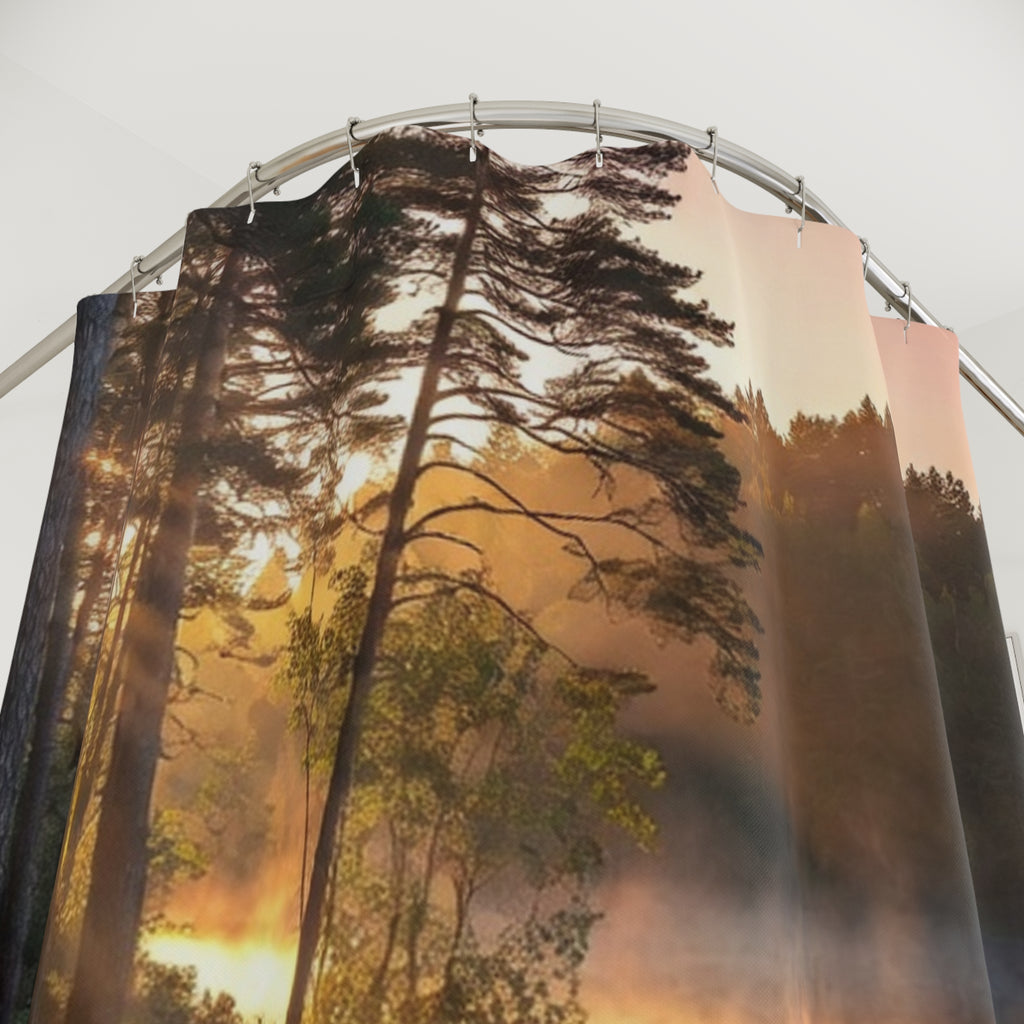 Misty Forest Sunrise Shower Curtain | Lake Reflection, Woodland Landscape