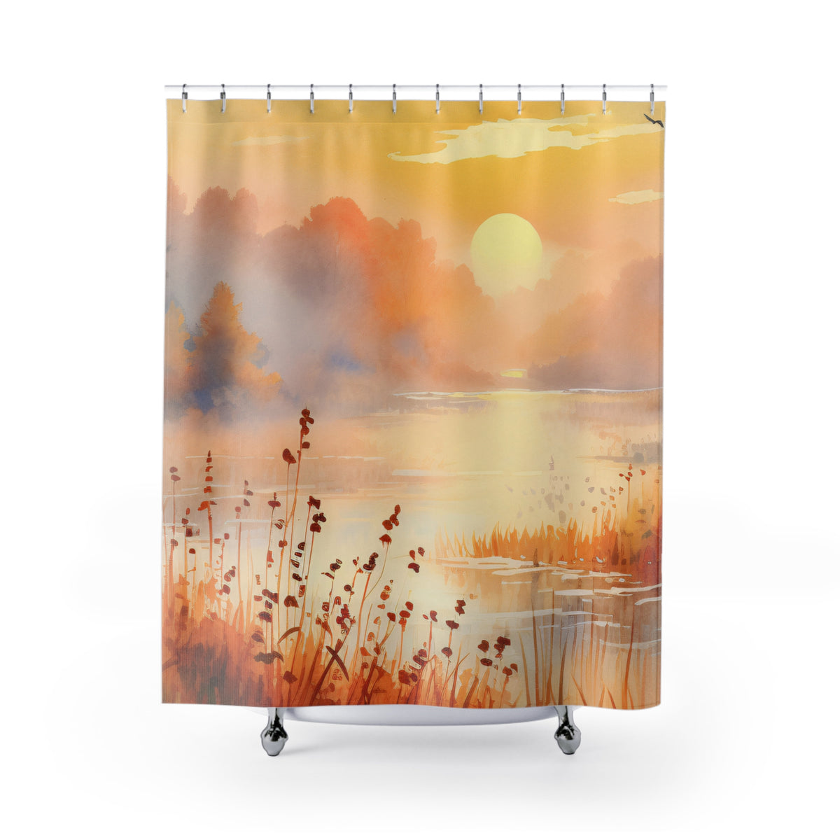 Sunrise Marsh Landscape Shower Curtain | Soft Orange Watercolor Scene