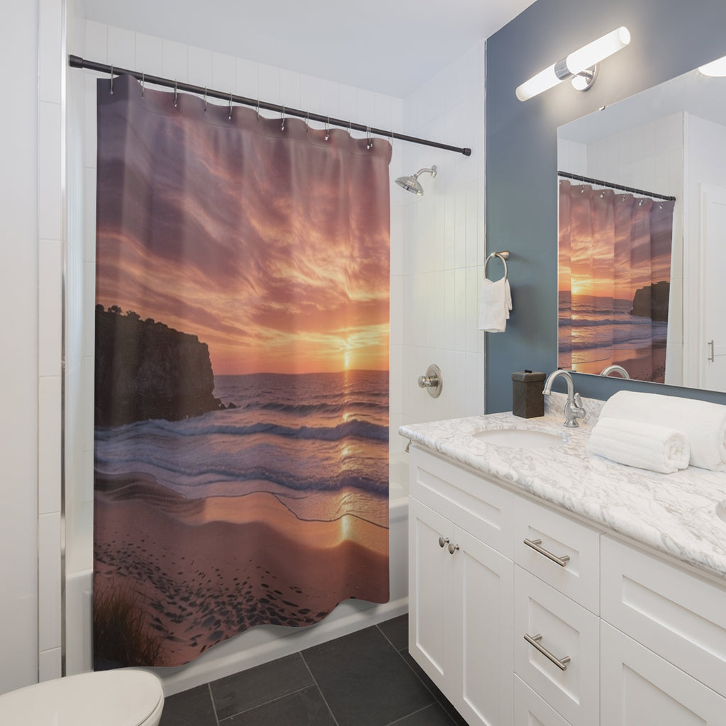 Sunset Beach Waves Shower Curtain | Coastal Ocean Sunset Bathroom Décor
