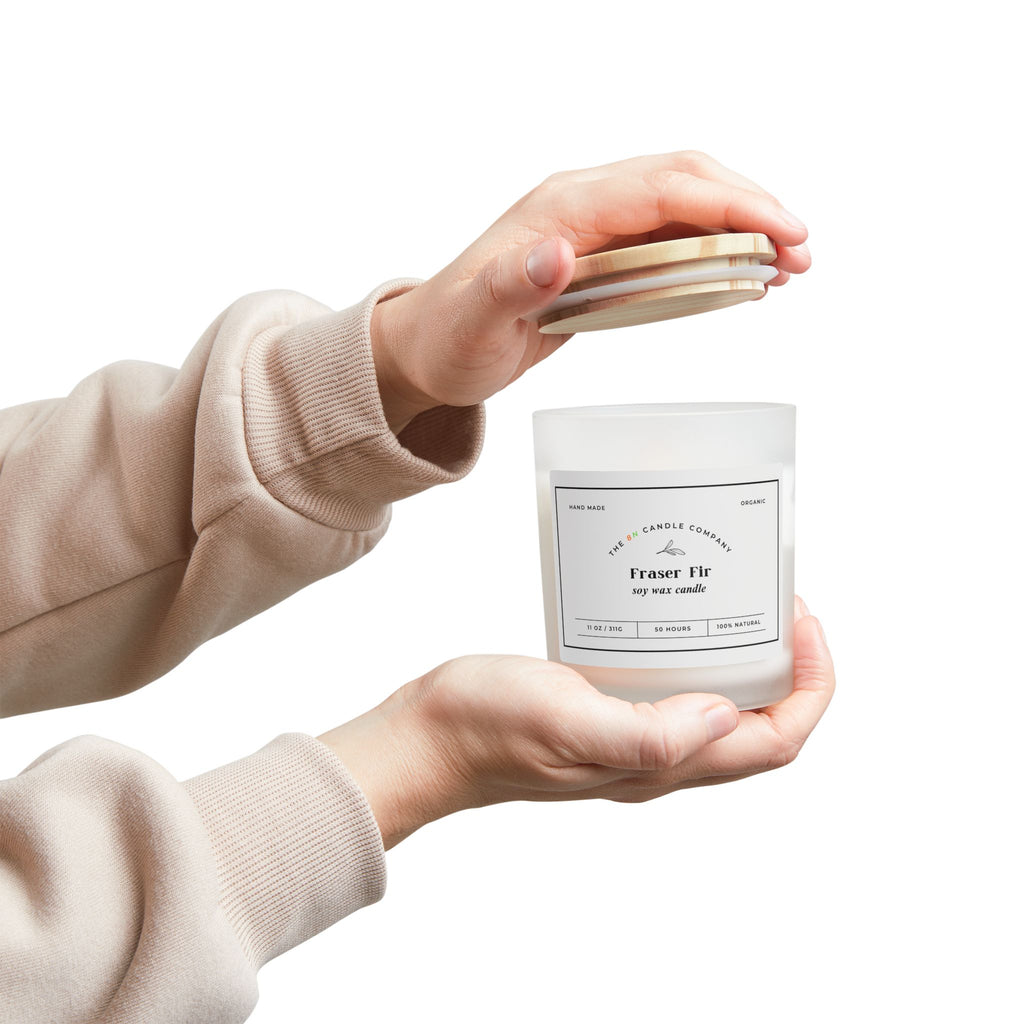 Fraser Fir Candle Frosted Glass 11oz | Soy Wax, Wooden Lid