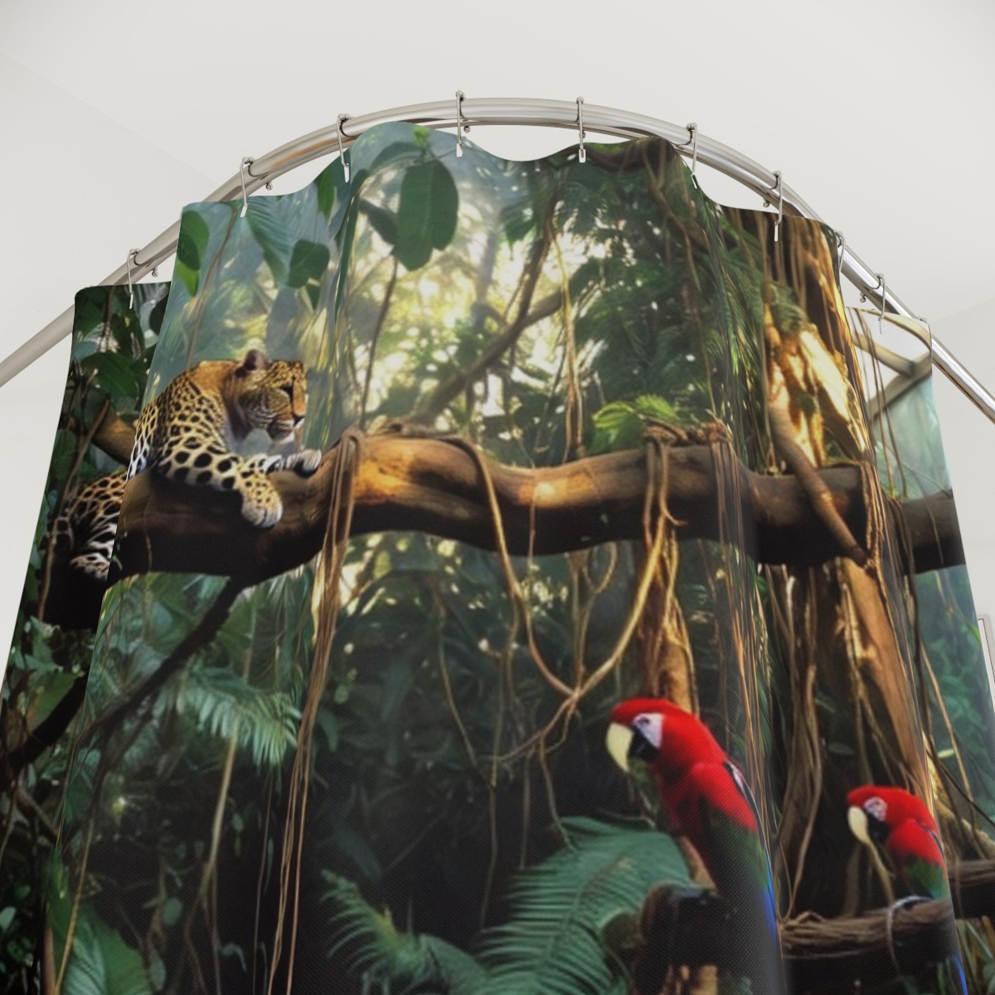 Rainforest Jungle Scene Shower Curtain | Parrots, Leopard, Lush Vines