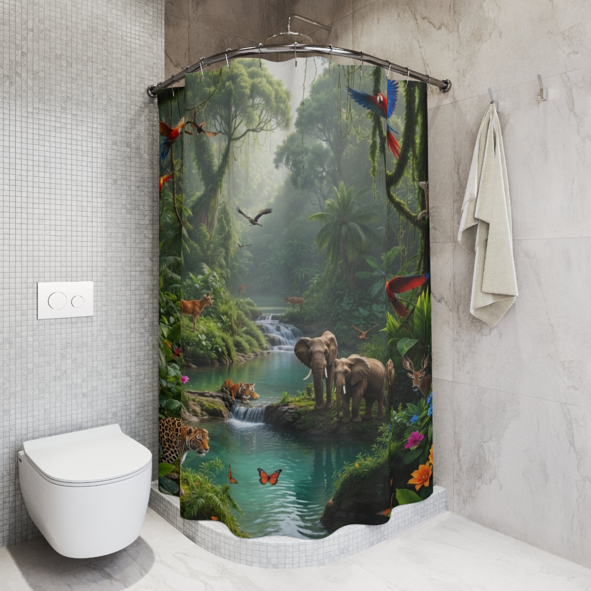 Jungle Wildlife Scene Shower Curtain | Tropical Rainforest Elephants Parrots