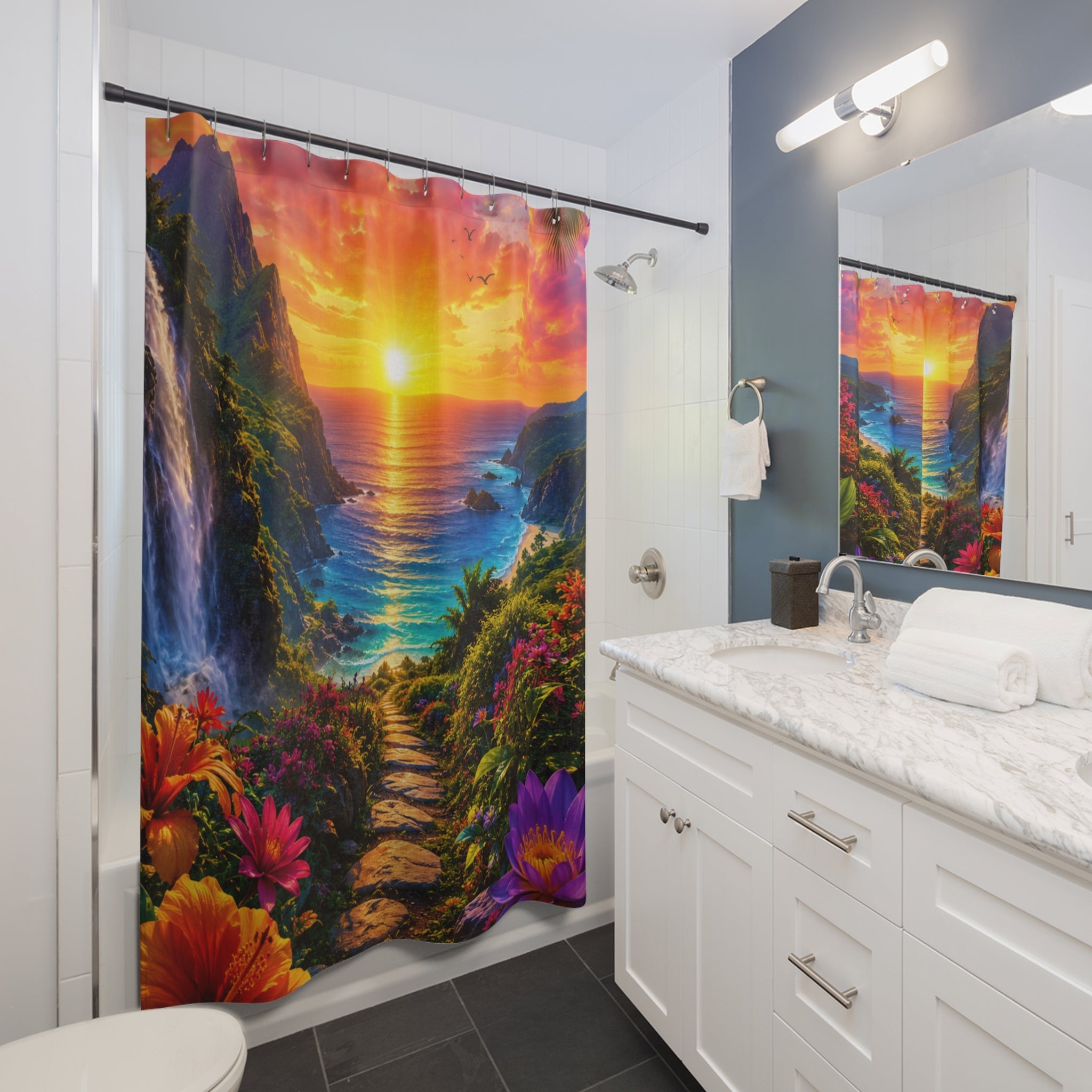 Tropical Sunset Beach Path Shower Curtain | Ocean Sunrise Landscape