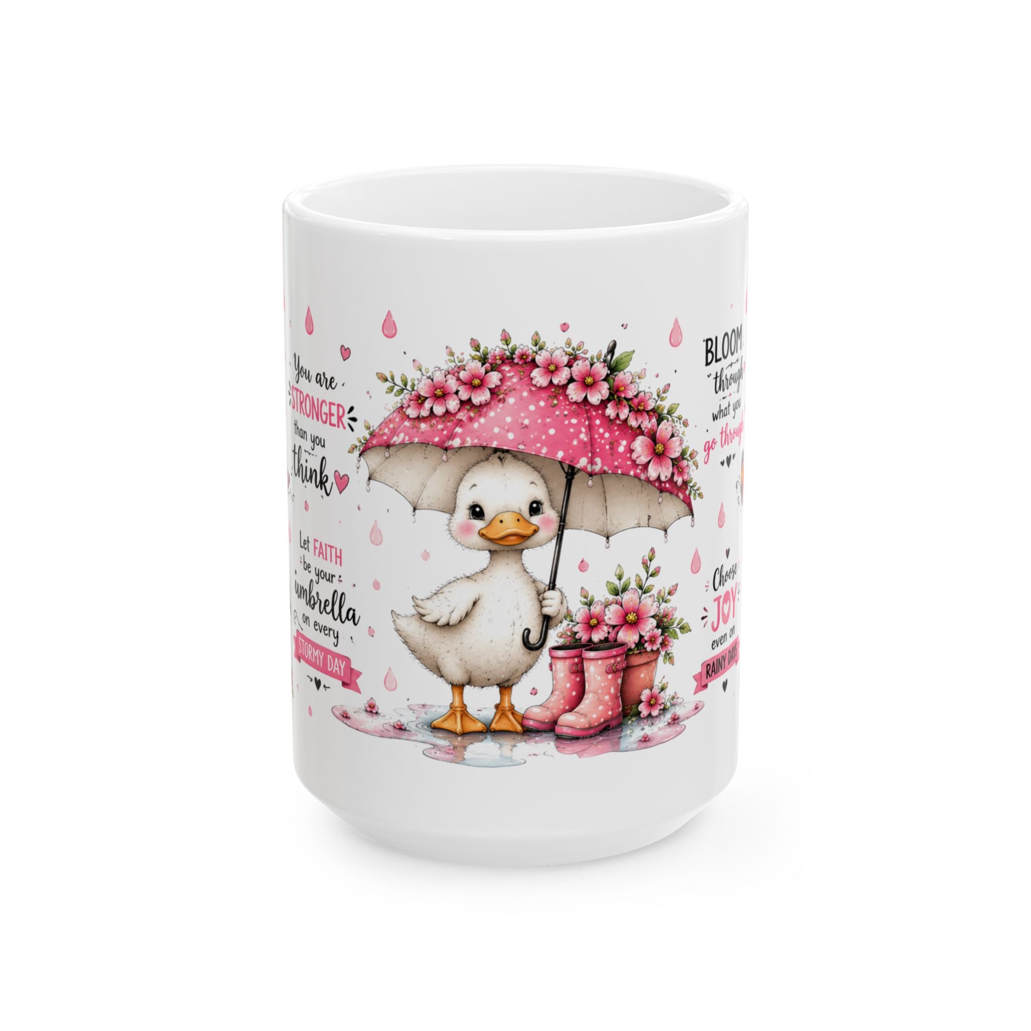 Cute Duck with Pink Umbrella Mug | Floral Rain Boots, Pastel Spring Design