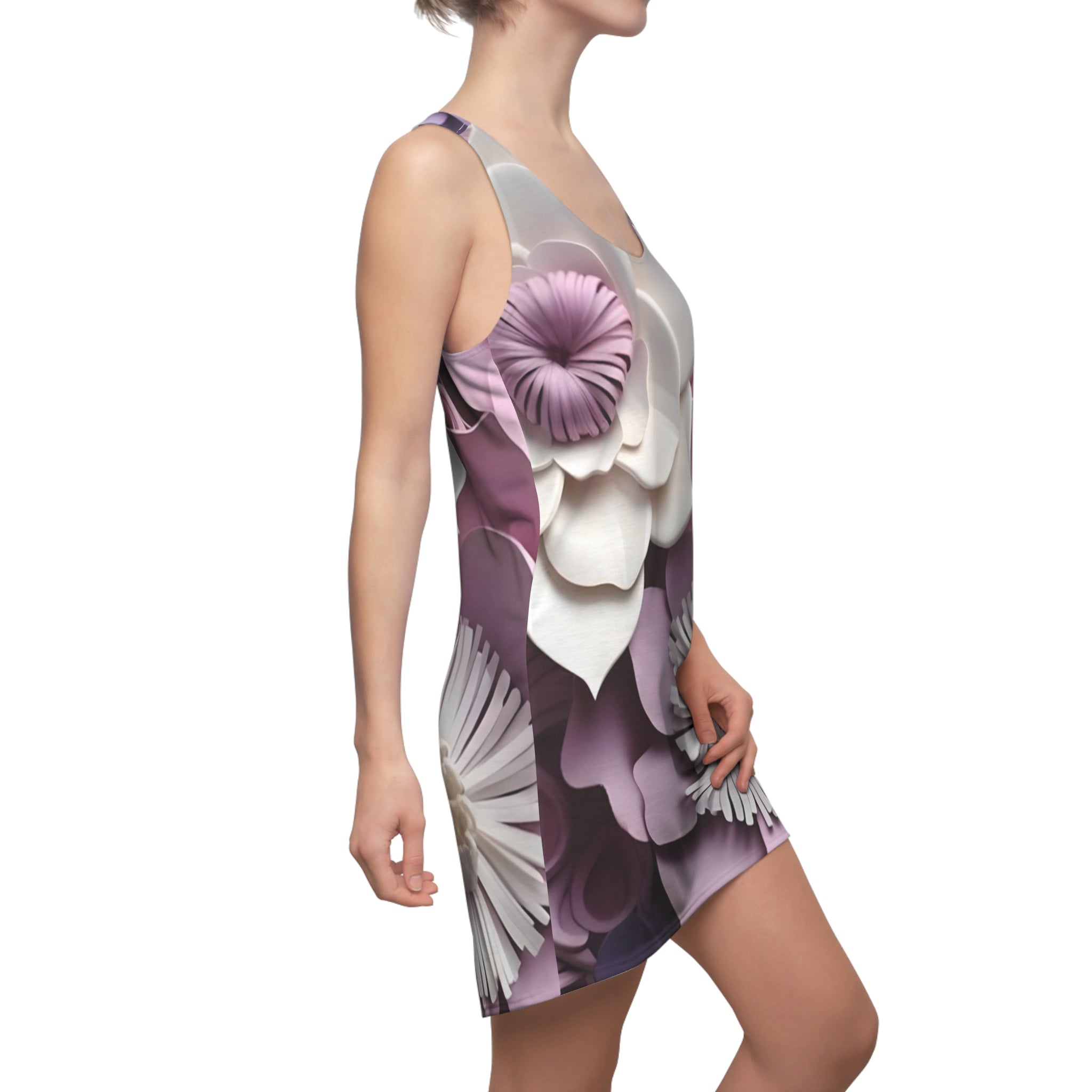 Purple Flower Floral Racerback Dress | Pink White 3D Bloom Print