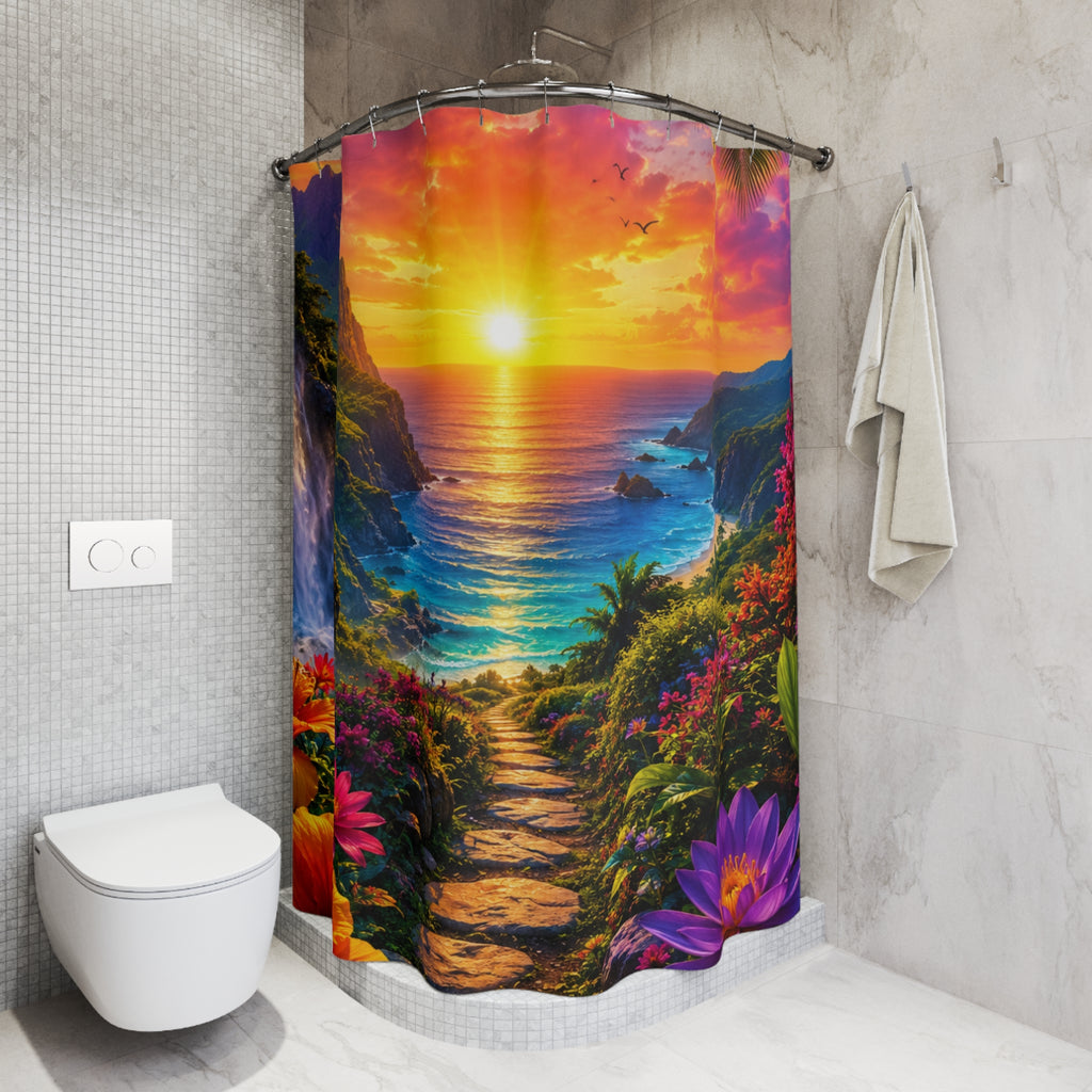 Tropical Sunset Beach Path Shower Curtain | Ocean Sunrise Landscape