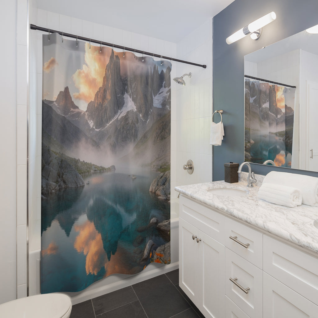 Misty Mountain Lake Shower Curtain | Scenic Alpine Landscape