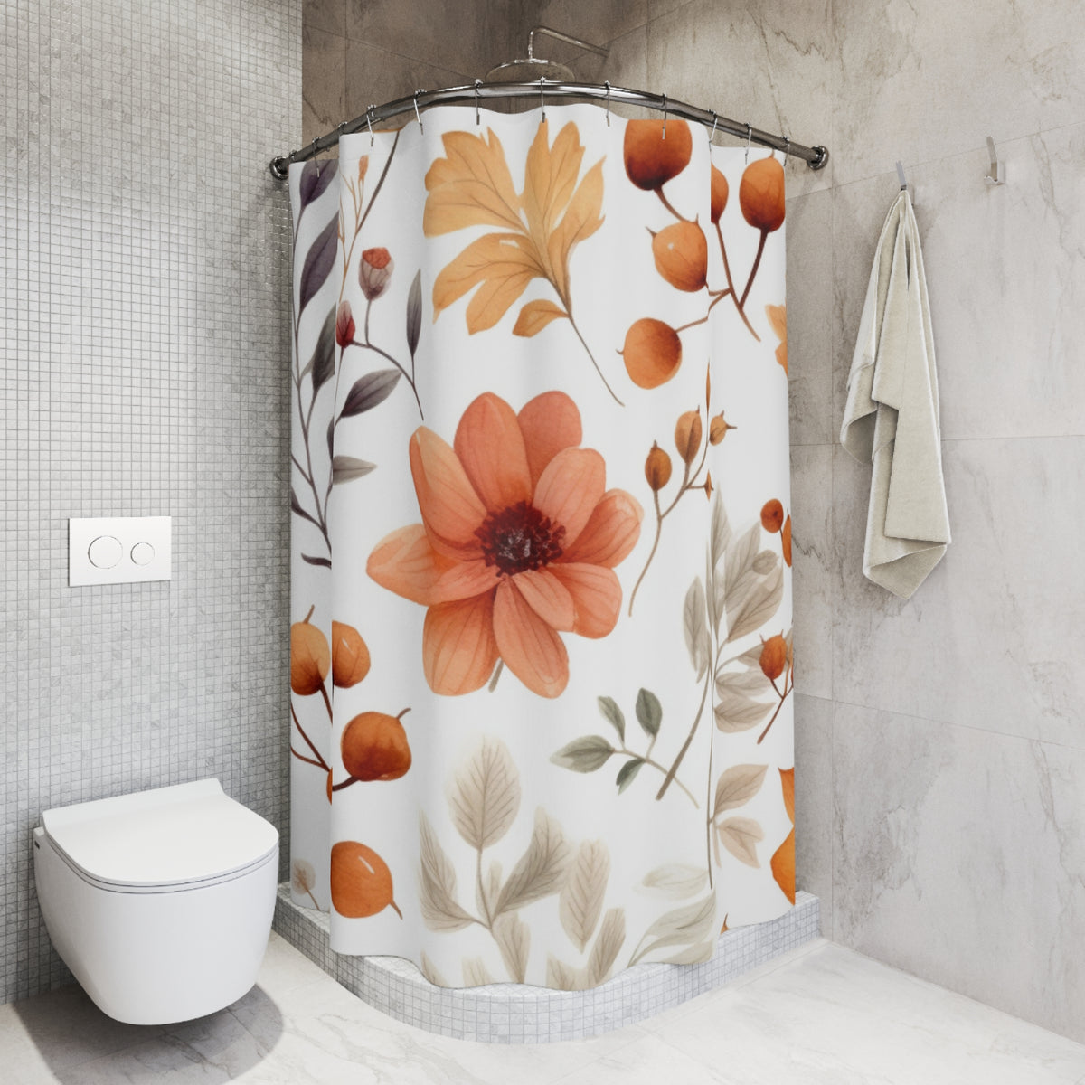 Autumn Floral Pattern Shower Curtain | Orange Wildflower Botanical
