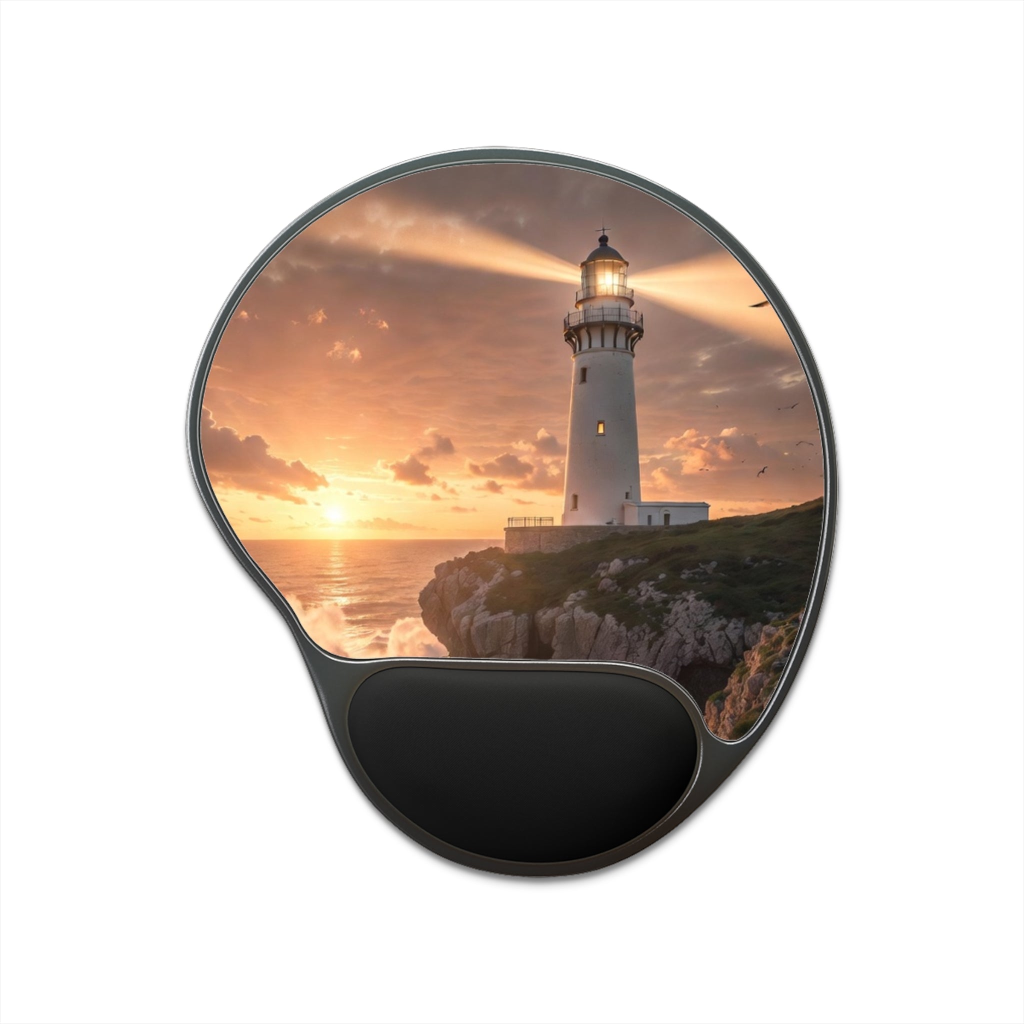 Lighthouse Sunset Mouse Pad with Wrist Rest | Coastal Ocean Desk Mat