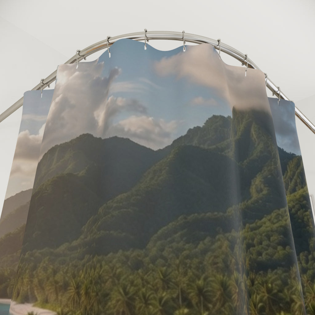 Tropical Island Beach Shower Curtain | Mountain Coast Scenic Ocean