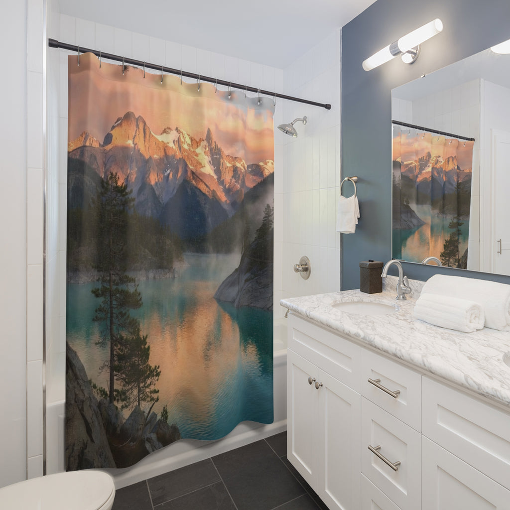 Sunset Mountain Lake Shower Curtain | Scenic Landscape, Forest Reflection