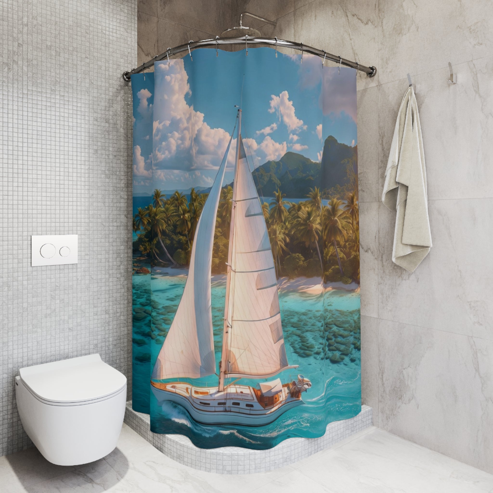 Sailboat Tropical Island Shower Curtain | Ocean Nautical Bathroom Decor