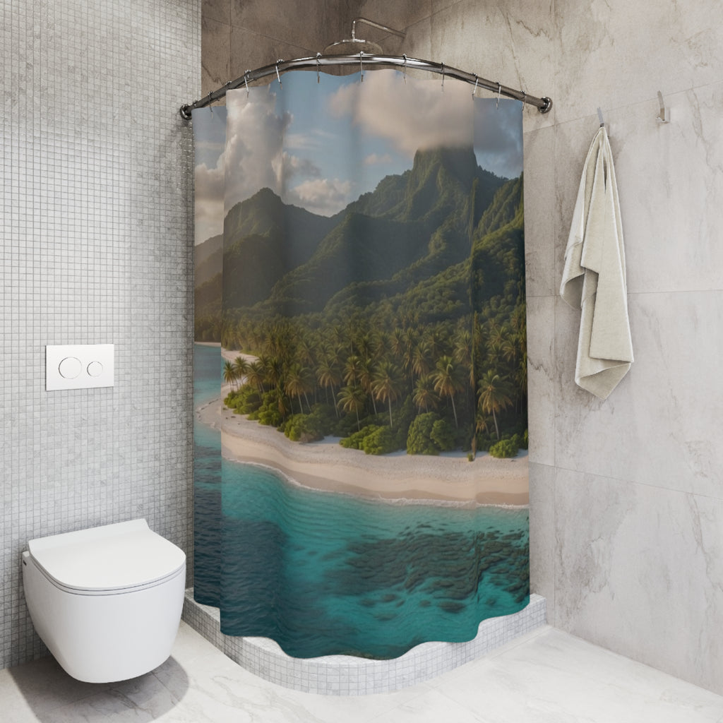 Tropical Island Beach Shower Curtain | Mountain Coast Scenic Ocean