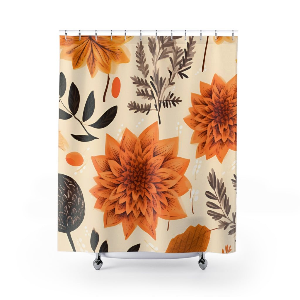 Autumn Dahlia Floral Shower Curtain | Orange Fall Flowers Bathroom Decor