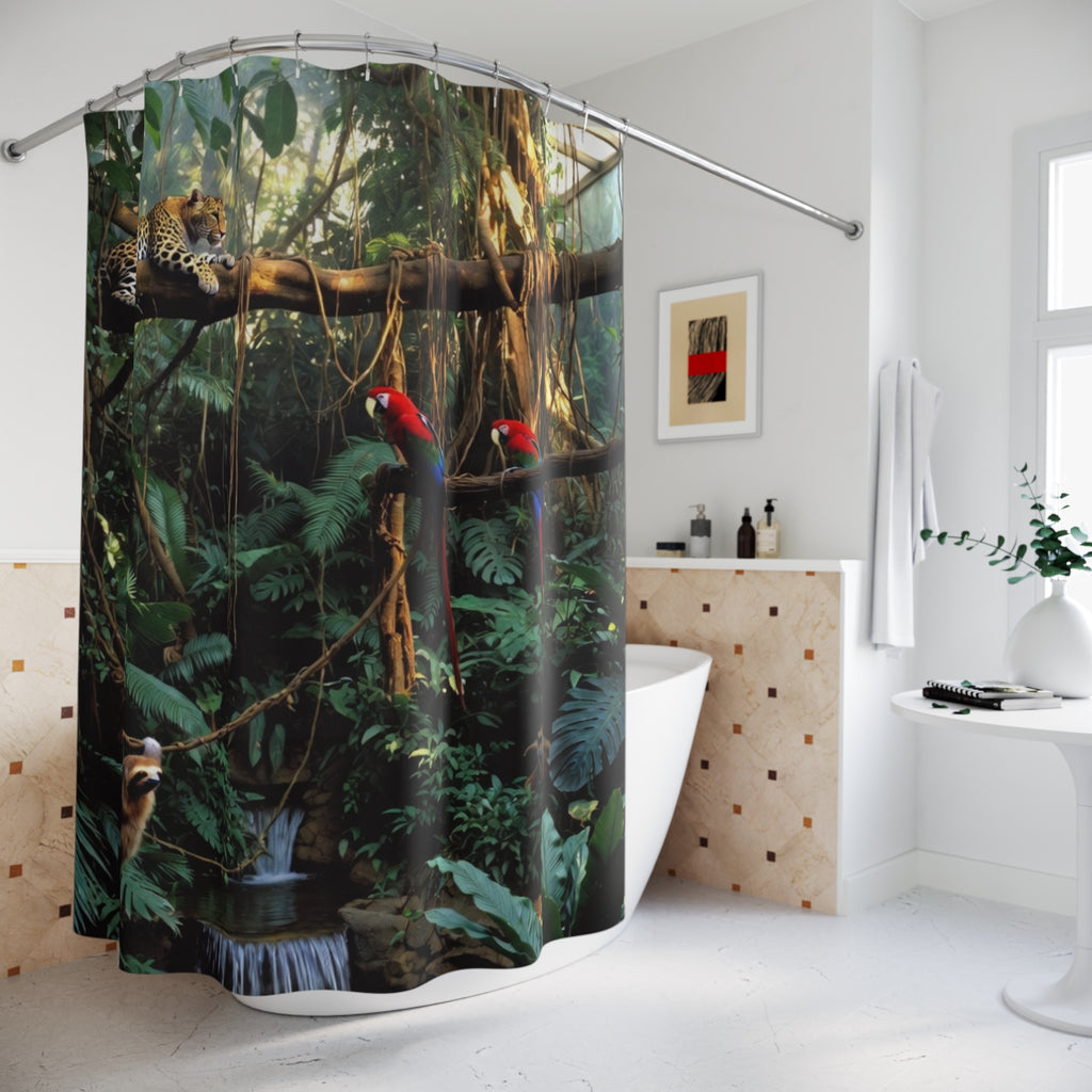 Rainforest Jungle Scene Shower Curtain | Parrots, Leopard, Lush Vines