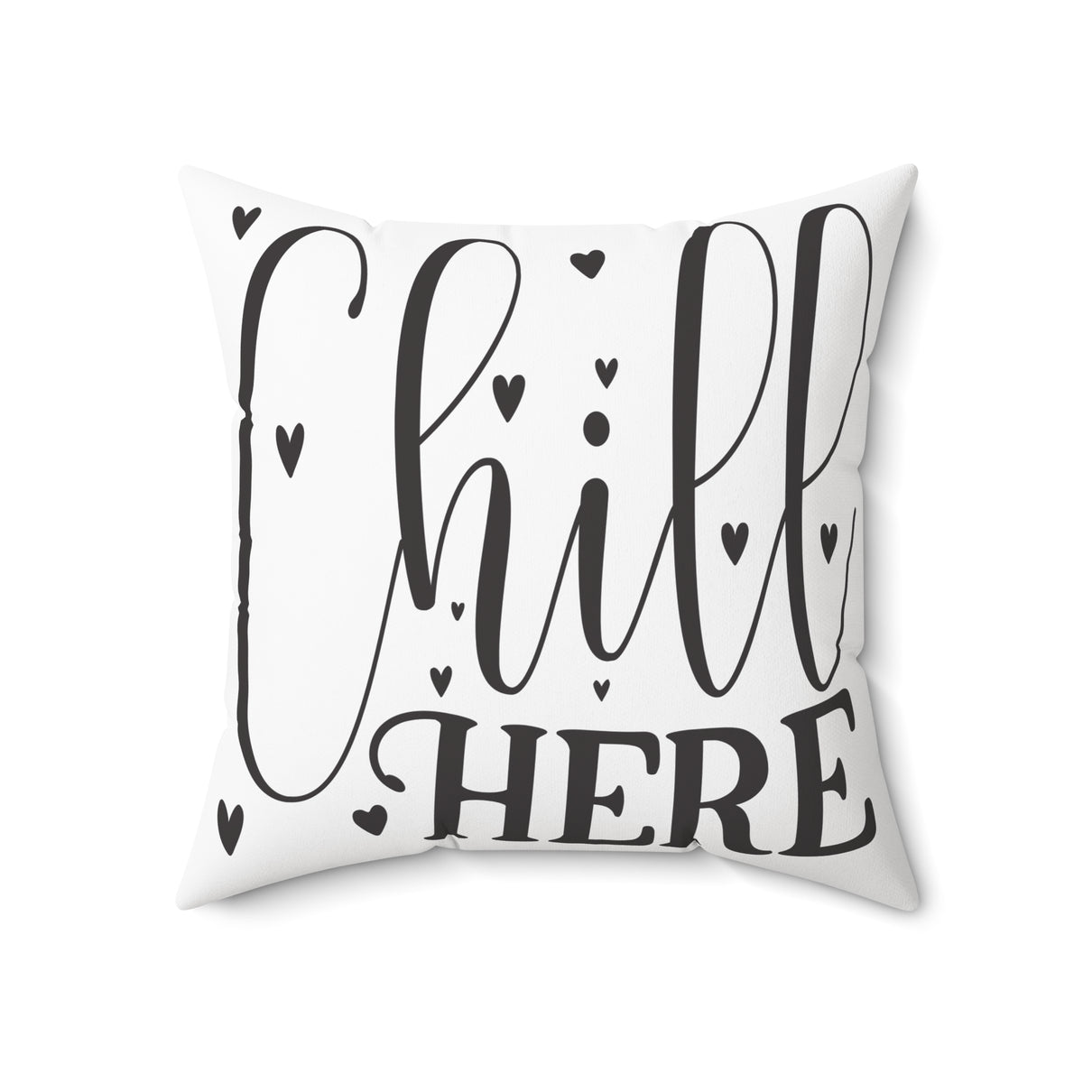 Chill Here pillow | Script typography, black hearts, decorative throw pillow