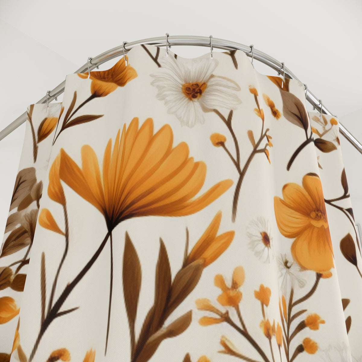 Orange Floral Pattern Shower Curtain | Botanical Bloom Bathroom