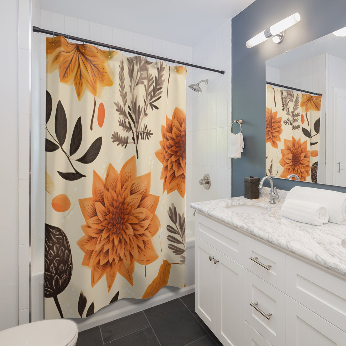 Autumn Dahlia Floral Shower Curtain | Orange Fall Flowers Bathroom Decor