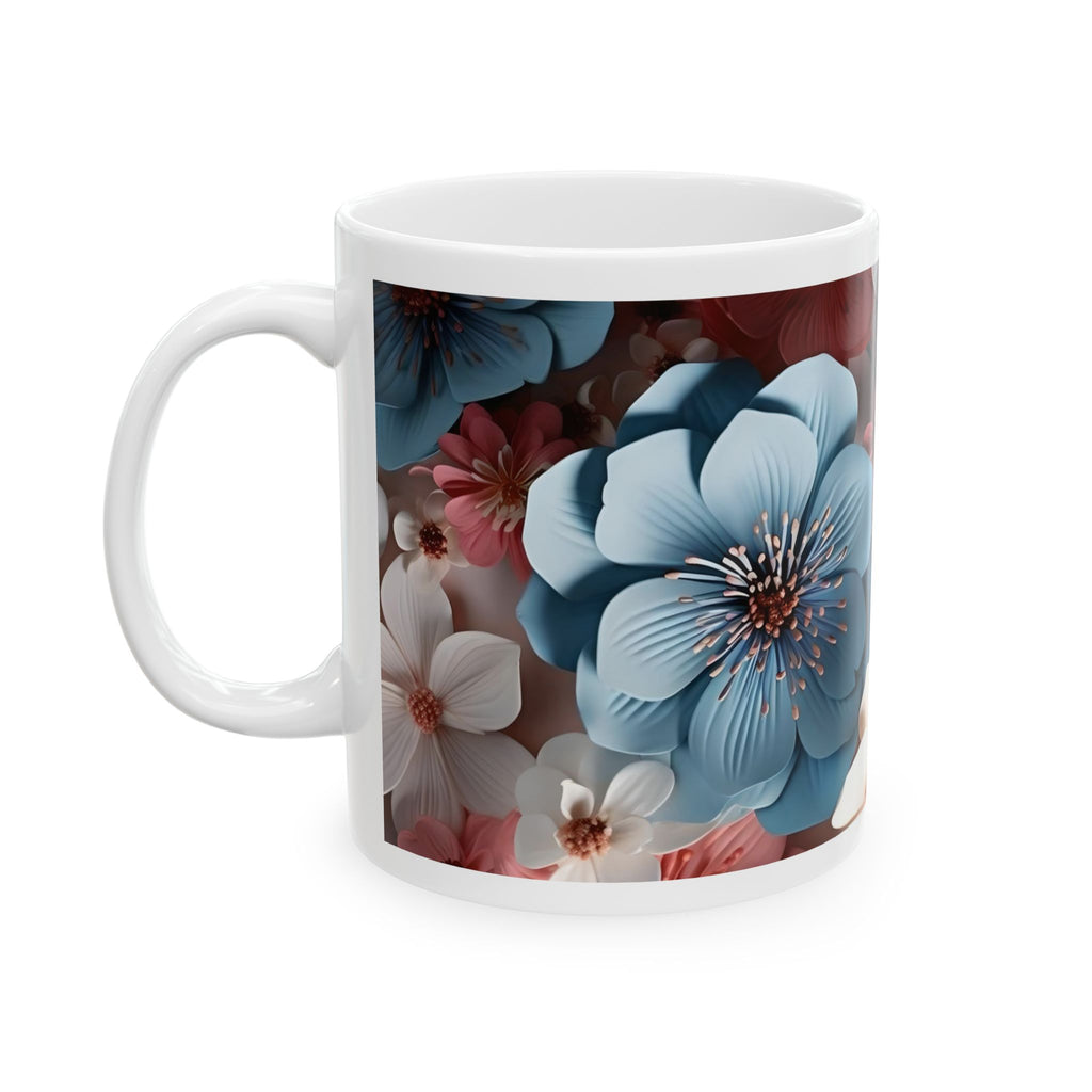 Floral Ceramic Mug – Blue & Coral 3D Blossom Coffee Cup (11oz/15oz)