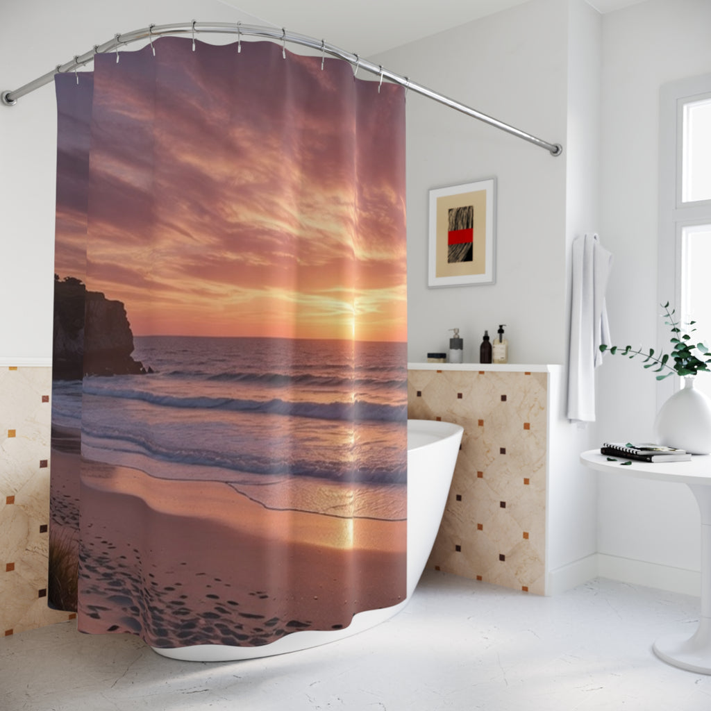 Sunset Beach Waves Shower Curtain | Coastal Ocean Sunset Bathroom Décor