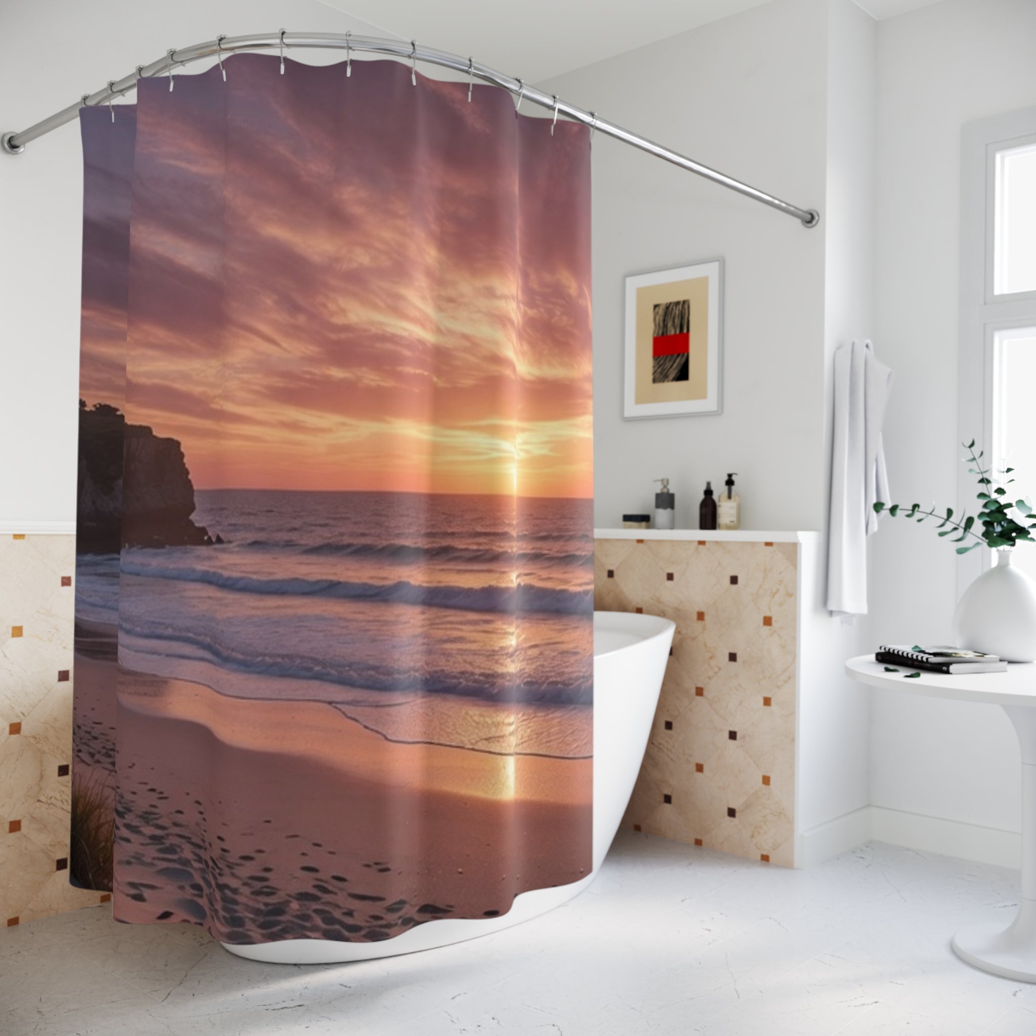 Sunset Beach Waves Shower Curtain | Coastal Ocean Sunset Bathroom Décor