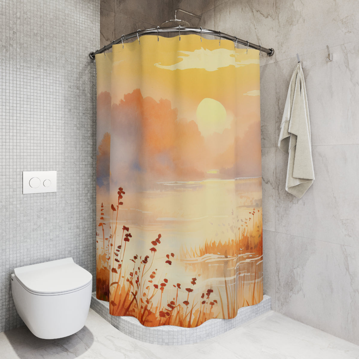 Sunrise Marsh Landscape Shower Curtain | Soft Orange Watercolor Scene