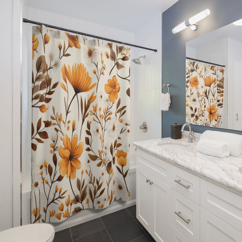 Orange Floral Pattern Shower Curtain | Botanical Bloom Bathroom