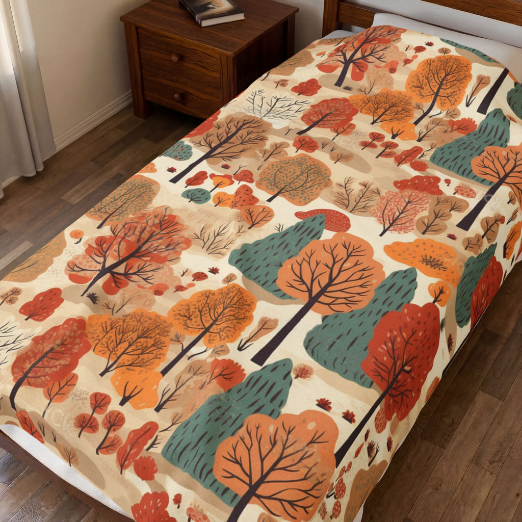 Autumn Forest Trees Velveteen Plush Blanket | Fall Leaves Woodland Throw