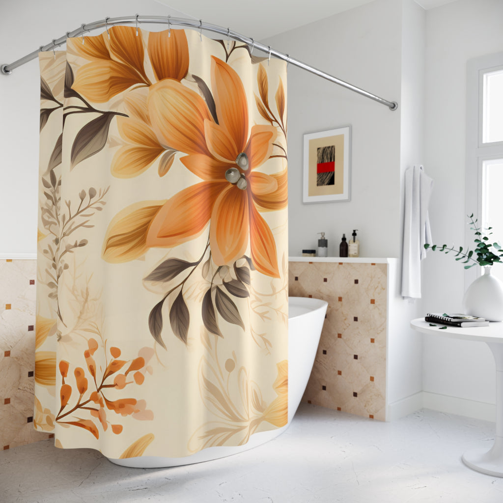 Orange Floral Pattern Shower Curtain | Botanical Bathroom Decor