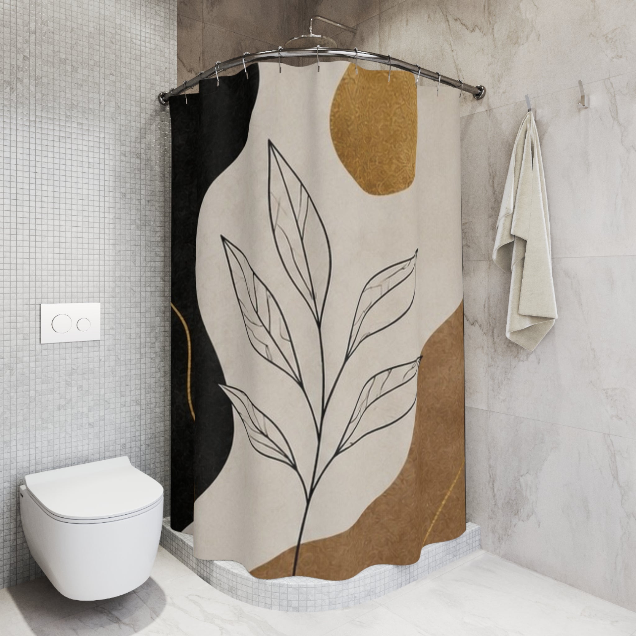 Minimal Leaf Line Art Shower Curtain | Neutral Abstract Botanical