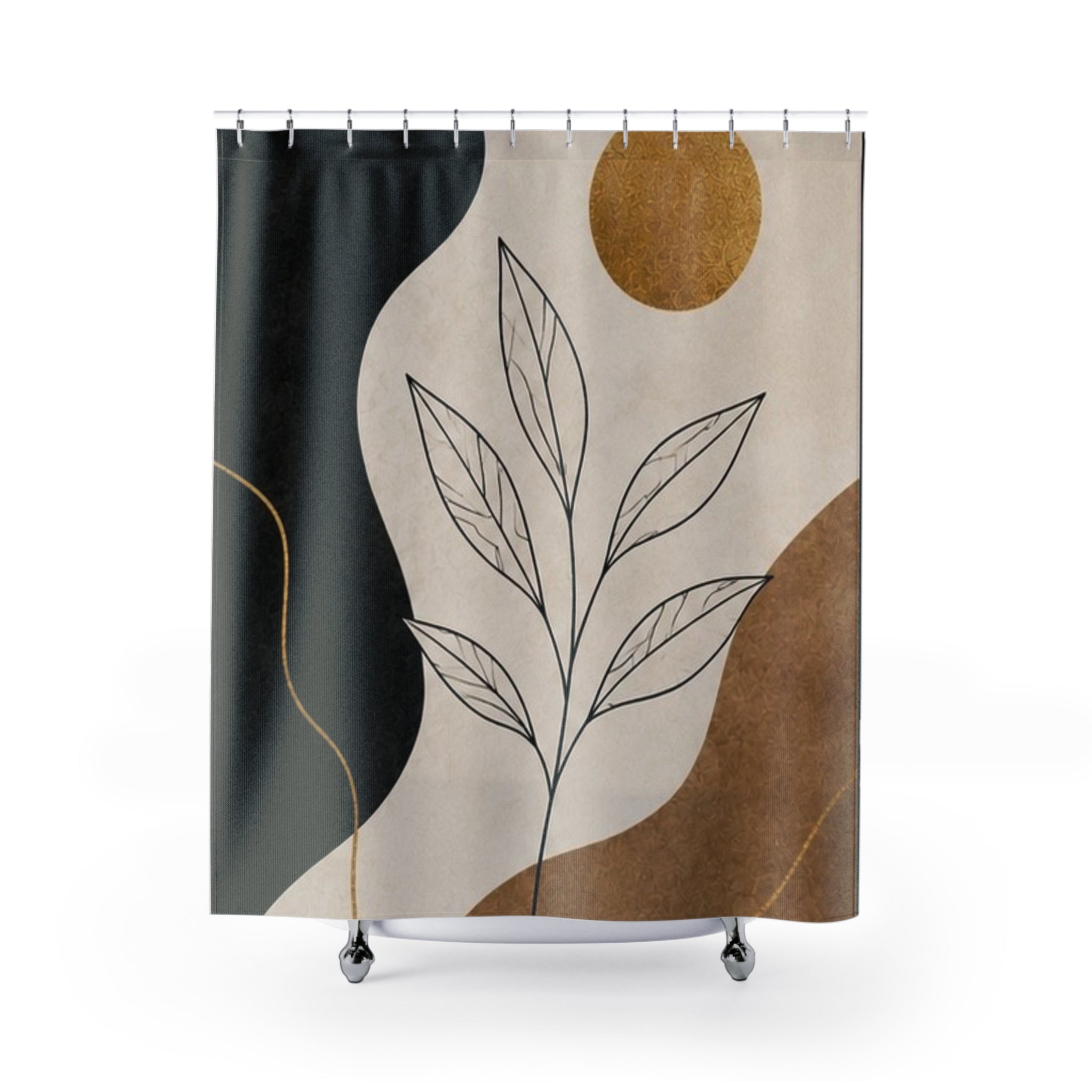 Minimal Leaf Line Art Shower Curtain | Neutral Abstract Botanical