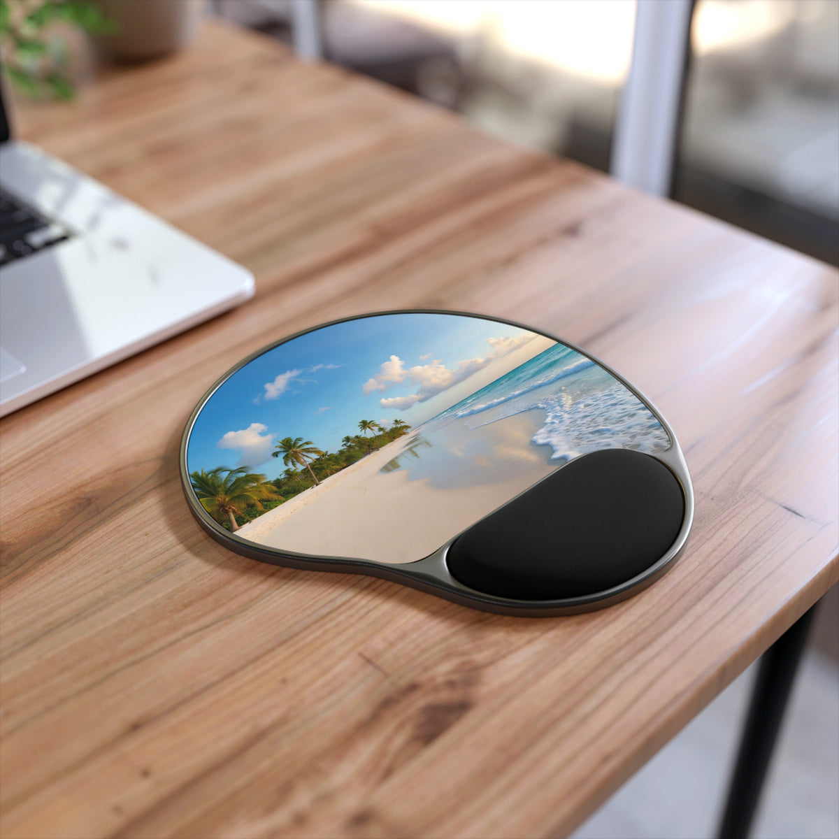 Tropical Beach Scene Mouse Pad with Wrist Rest | Palm Trees Ocean Shore