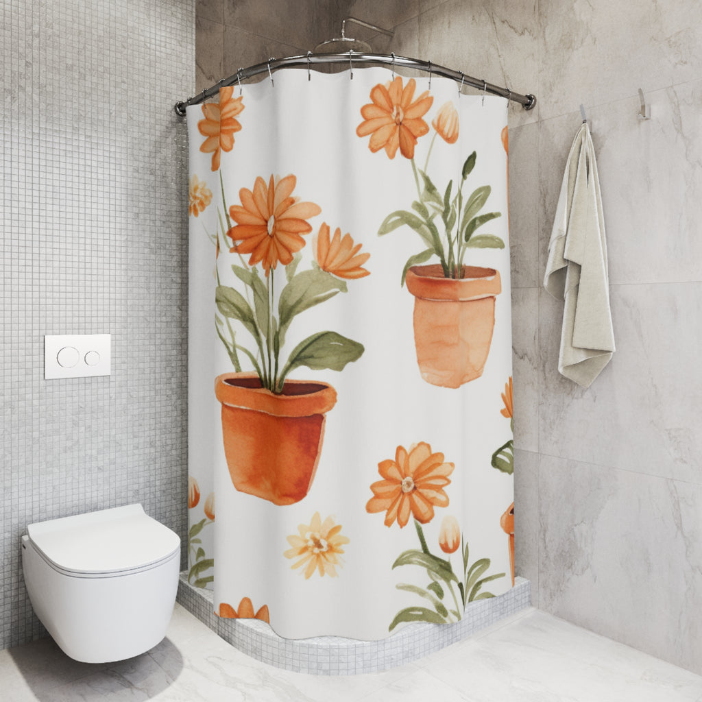 Orange Potted Daisies Shower Curtain | Botanical Floral Bathroom Decor