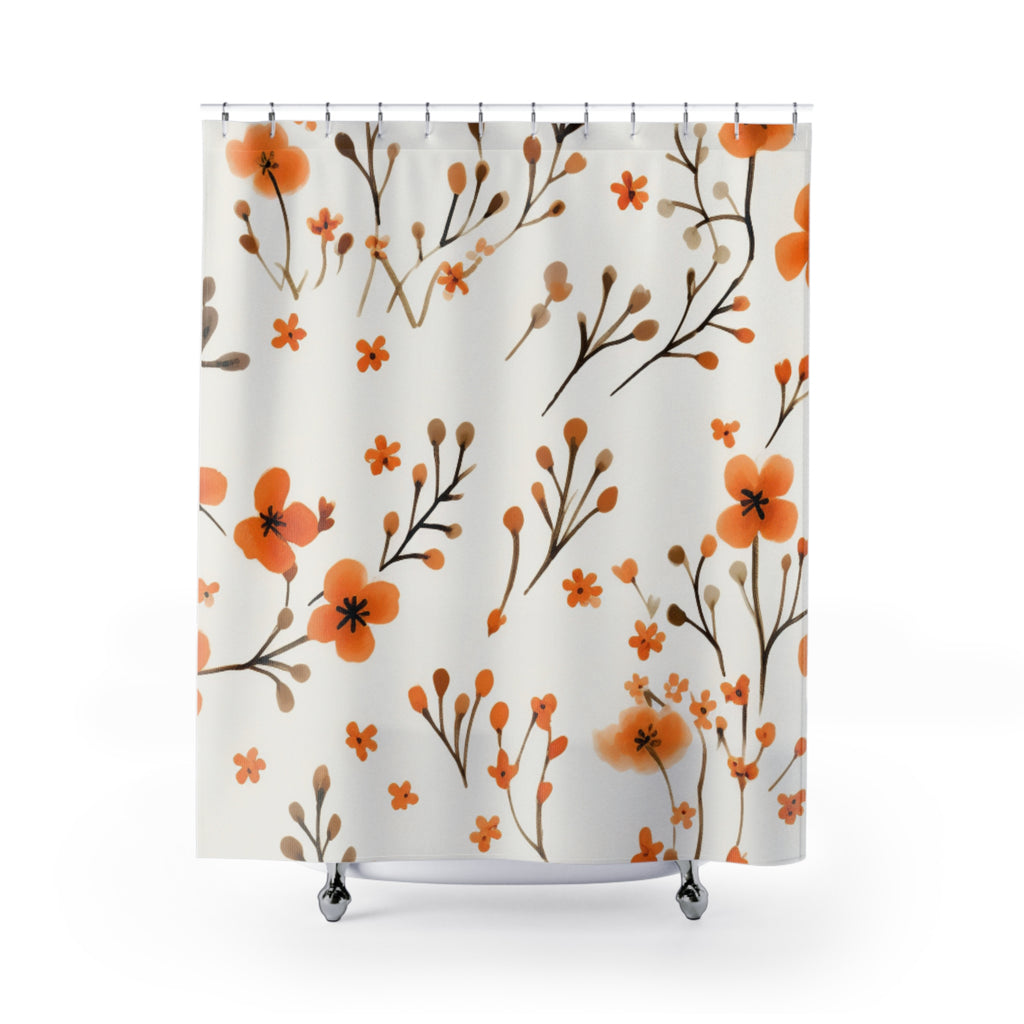 Orange Floral Pattern Shower Curtain | Minimal Botanical Sprigs