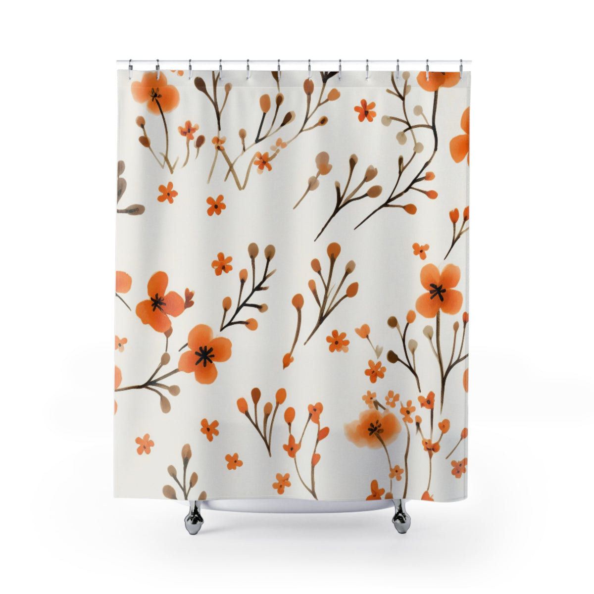 Orange Floral Pattern Shower Curtain | Minimal Botanical Sprigs