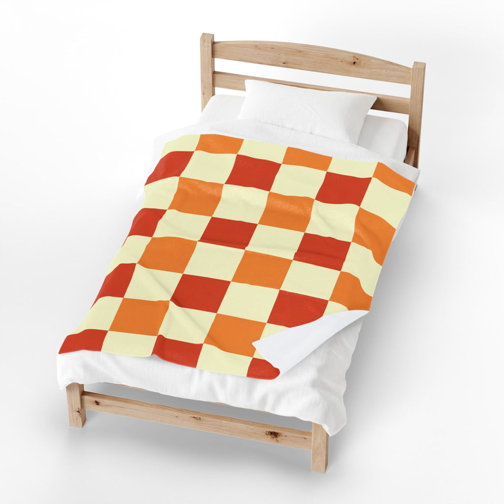 Orange Checkerboard Velveteen Plush Blanket | Retro Plaid Throw