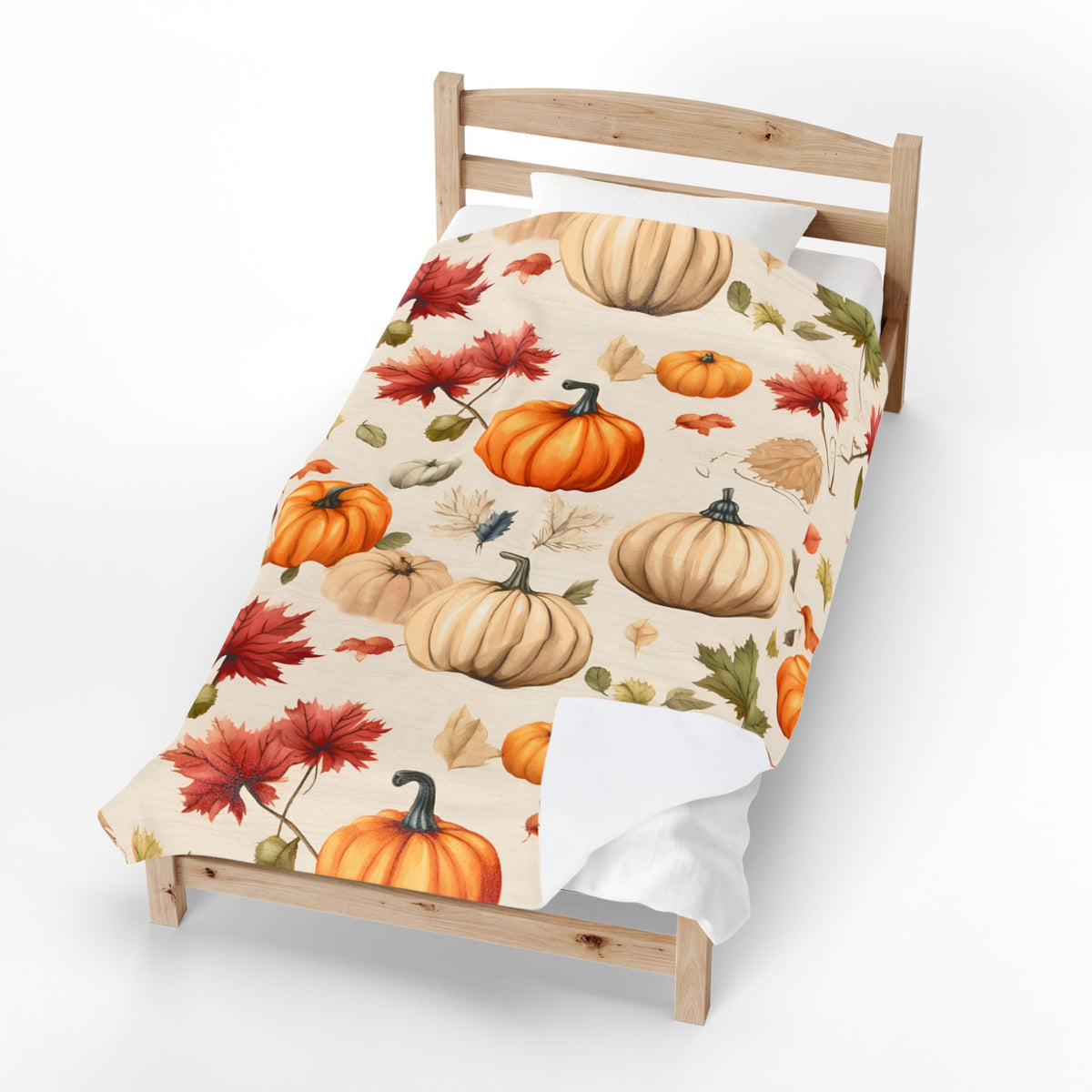 Autumn Pumpkins and Maple Leaves Velveteen Plush Blanket | Fall Harvest Throw