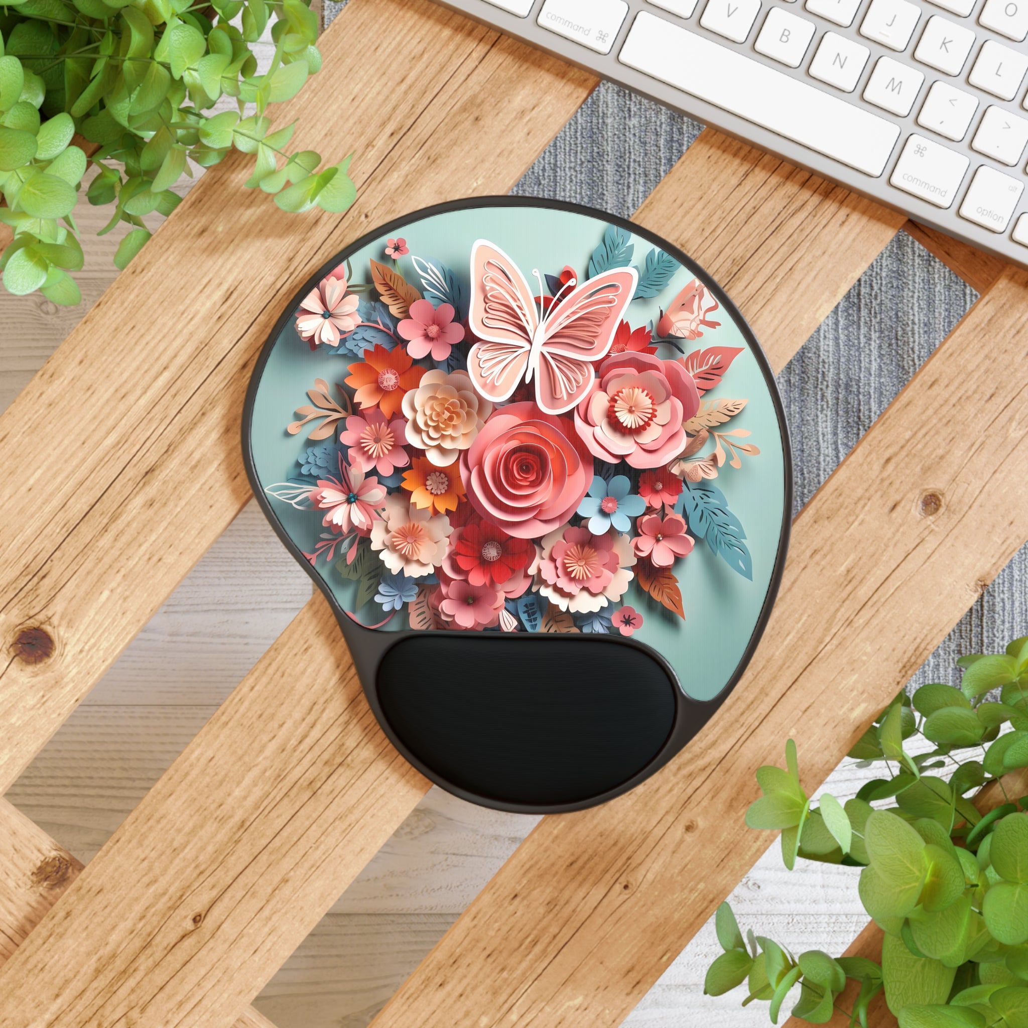 Pink Floral Bouquet Butterfly Mouse Pad with Wrist Rest | Floral Computer Accessory