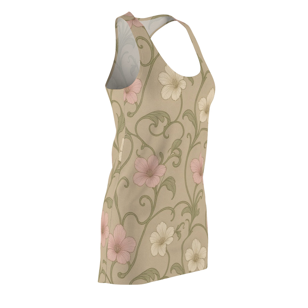 Vintage Floral Vine Racerback Dress | Beige Pink Flower Pattern