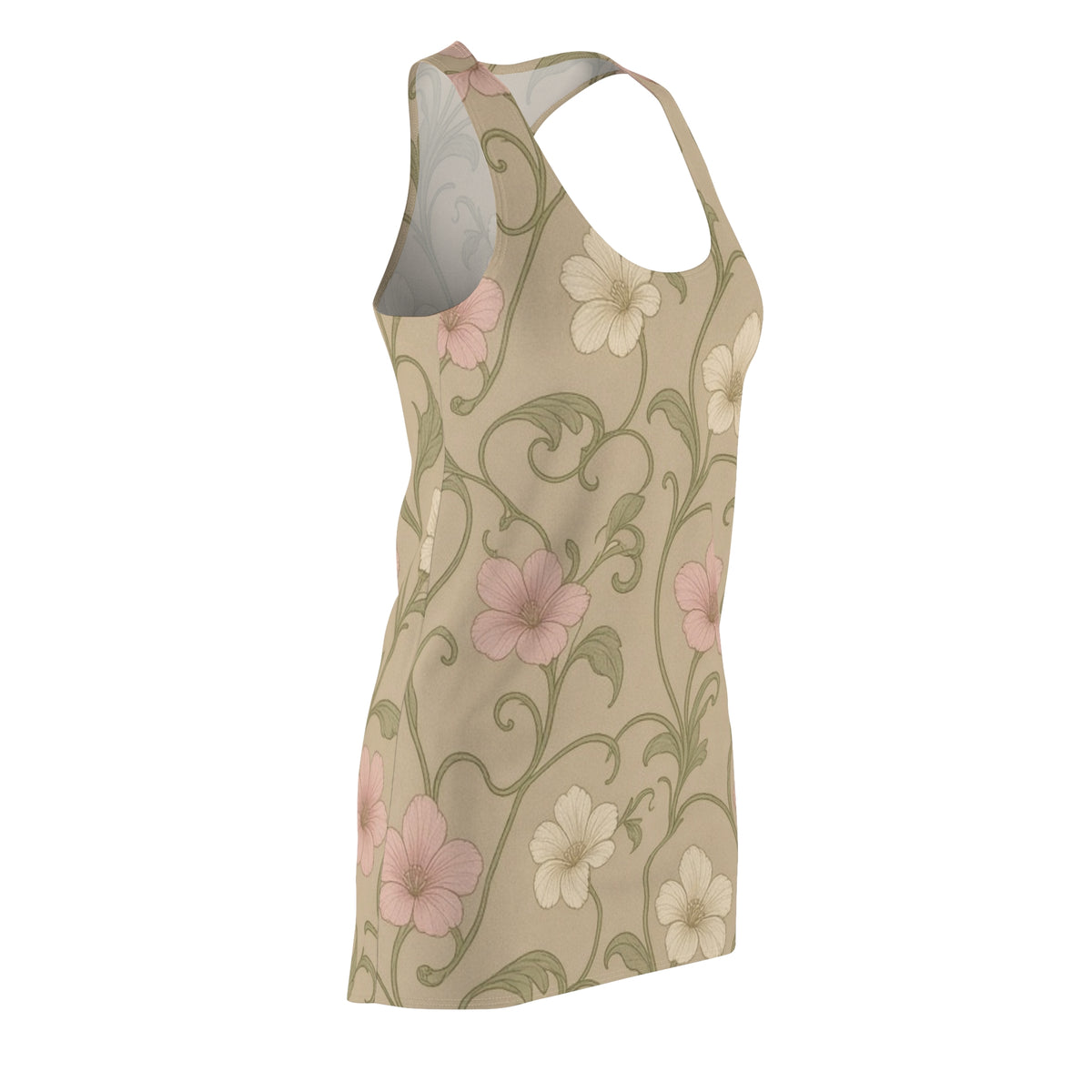 Vintage Floral Vine Racerback Dress | Beige Pink Flower Pattern