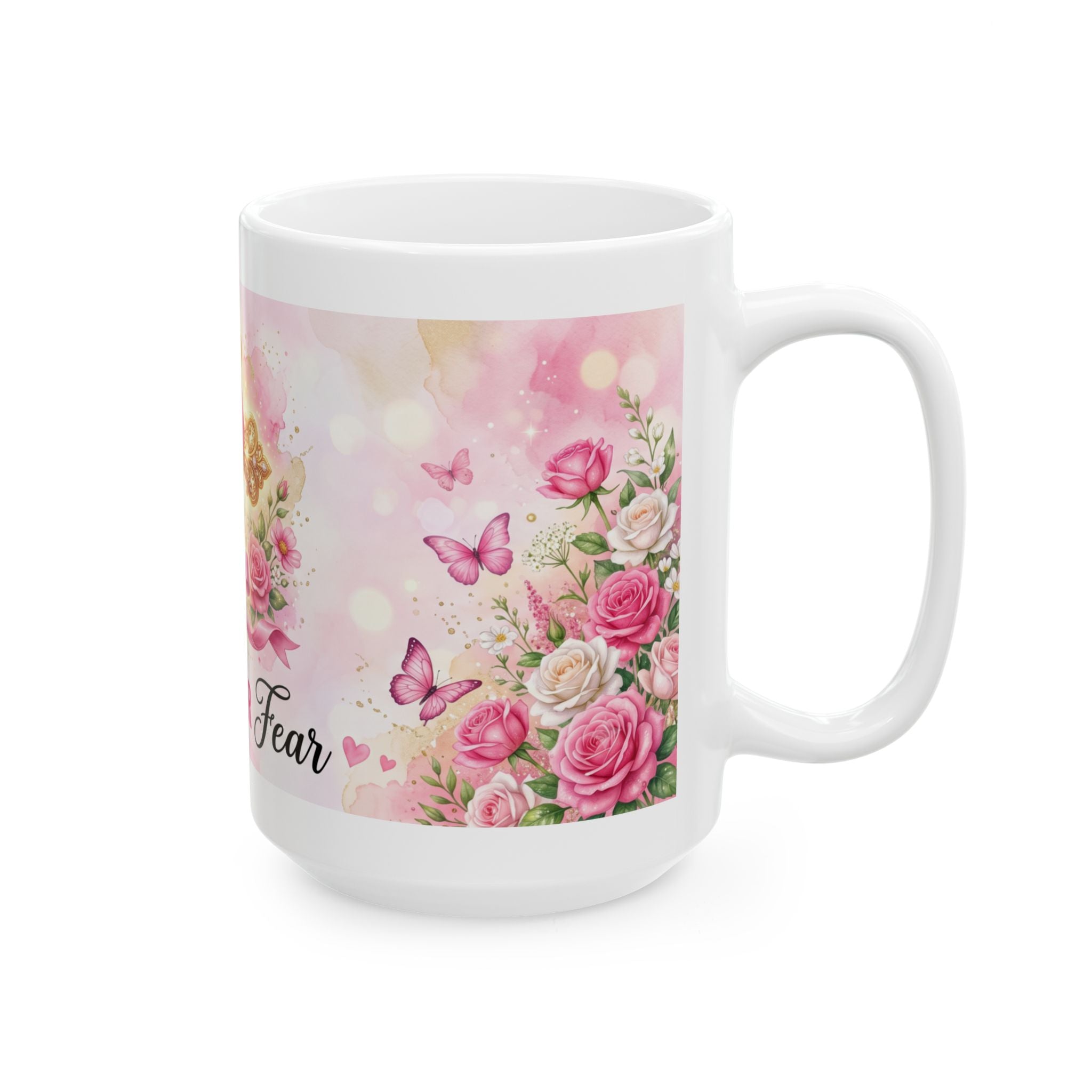 Faith Over Fear cross ribbon floral mug | ceramic coffee cup