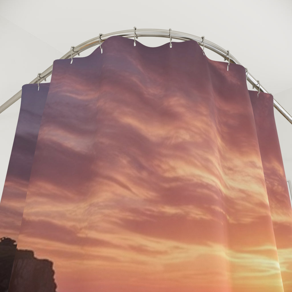 Sunset Beach Waves Shower Curtain | Coastal Ocean Sunset Bathroom Décor
