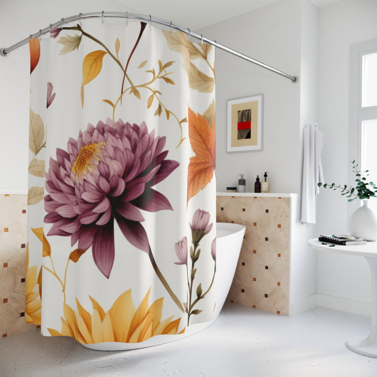 Autumn Floral Chrysanthemum Shower Curtain | Fall Botanical Bathroom Decor