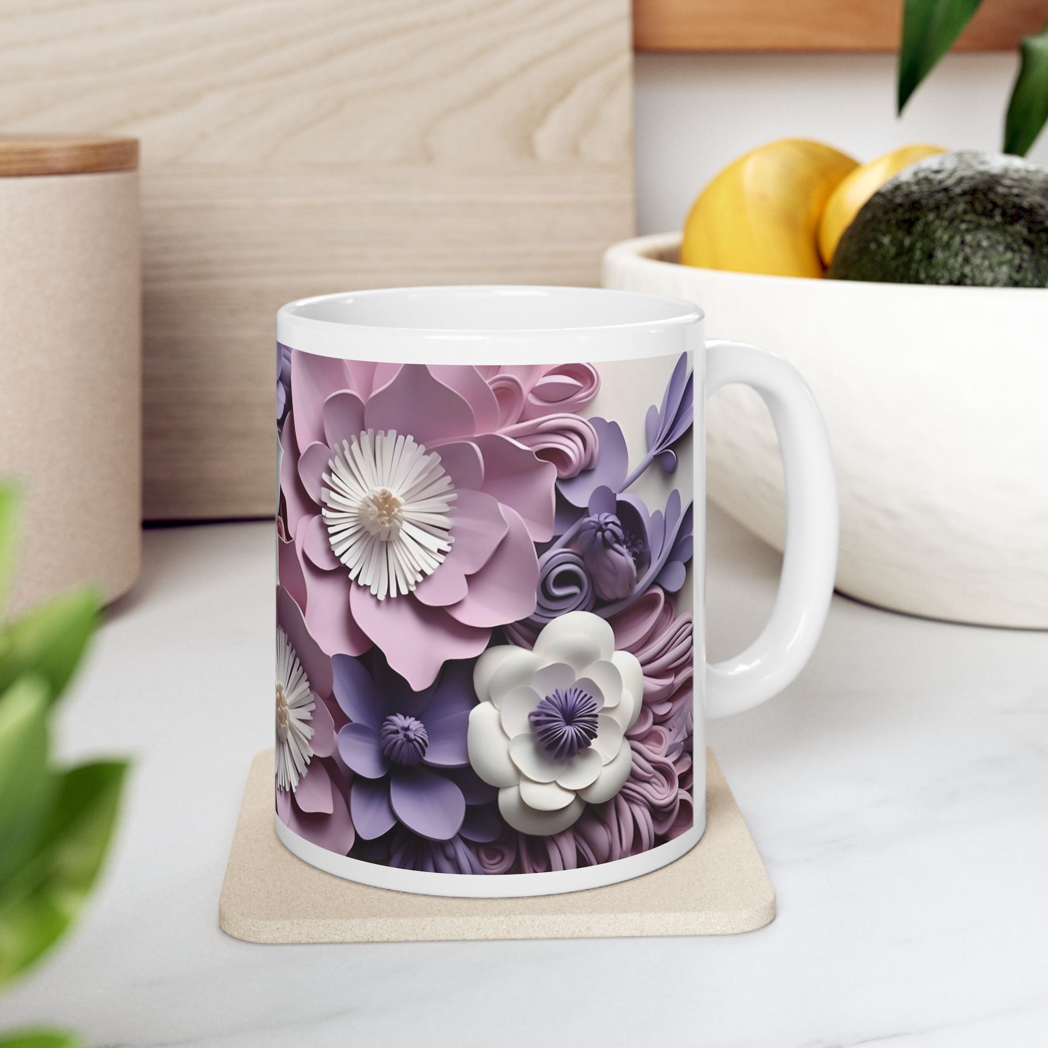 Floral Paper Art Ceramic Mug – 11oz & 15oz Purple Blossom Design