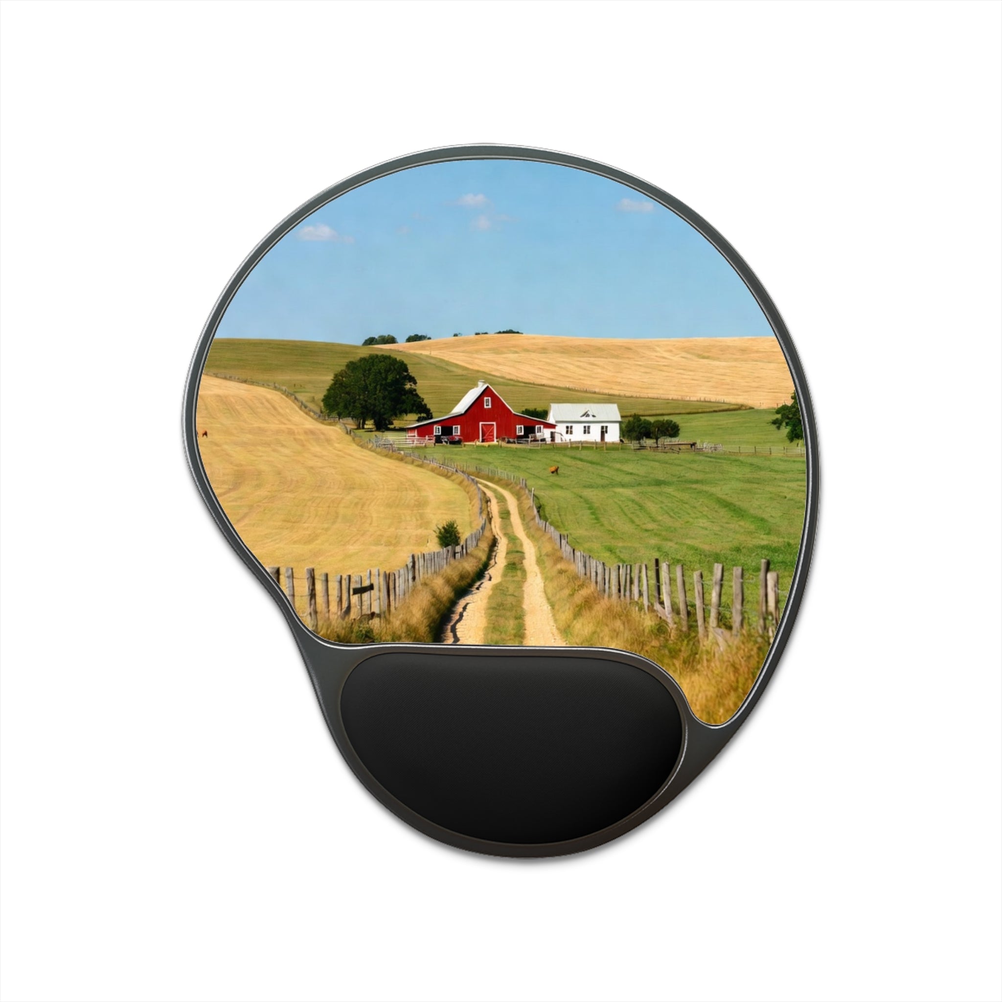 Country Farm Landscape Mouse Pad with Wrist Rest | Red Barn Field Scene