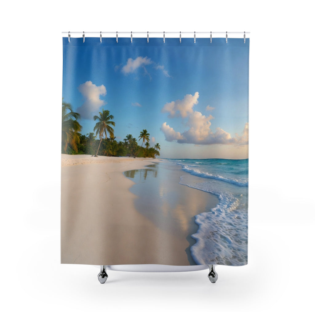 Tropical Beach Scene Shower Curtain | Palm Trees, Sandy Shore, Blue Sky